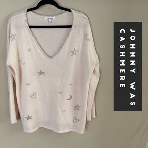 Johnny Was 100% Cashmere Cream V-Neck Sweater with Silver Motifs